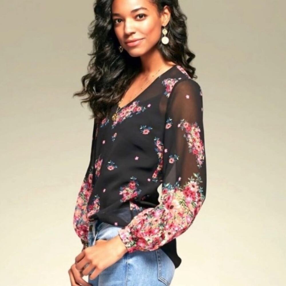 Cabi Blooming Blouse black pink orange floral sheer top‎ size Small #3594